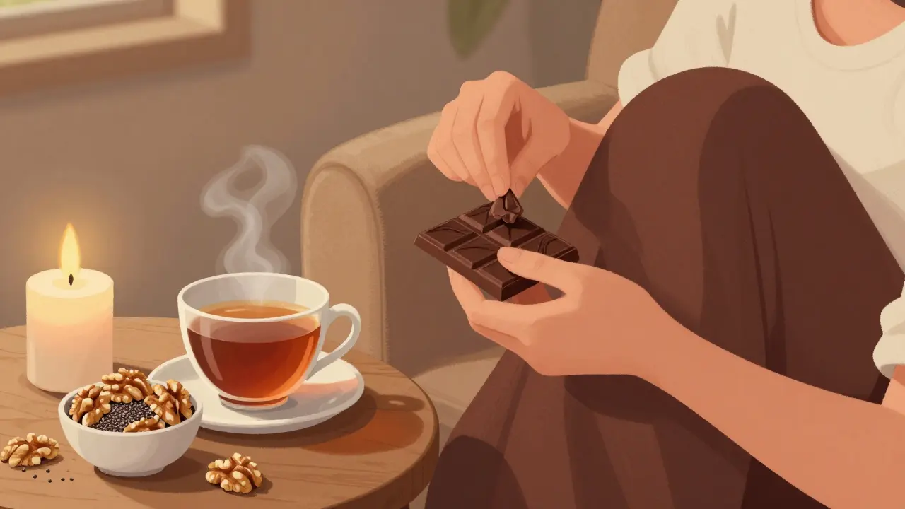 Mensch genießt dunkle Schokolade in einem gemütlichen Sessel, mit Nüssen und Tee.