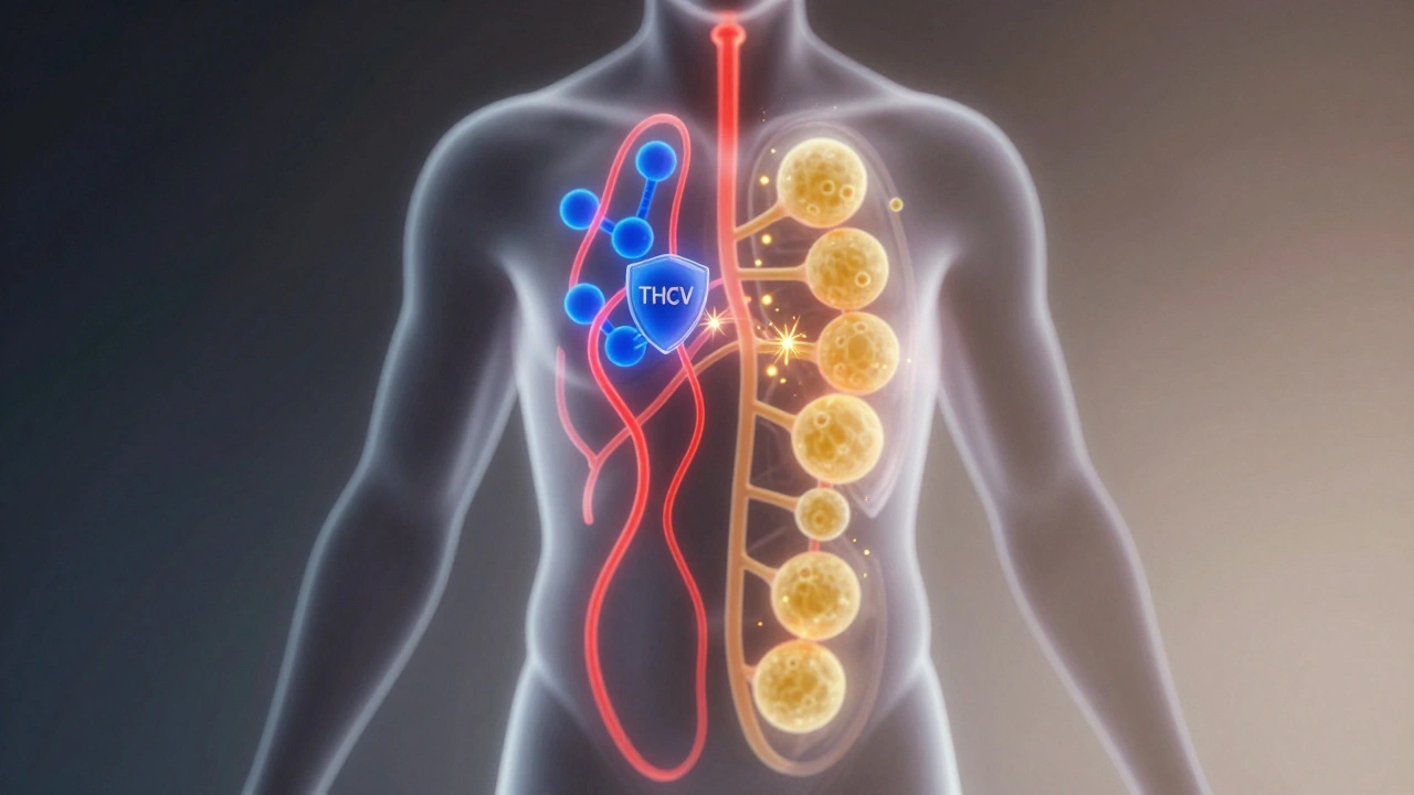 Menschen-Silhouette mit THCV, das Hungerimpulse blockiert und Fettzellen aktiviert.
