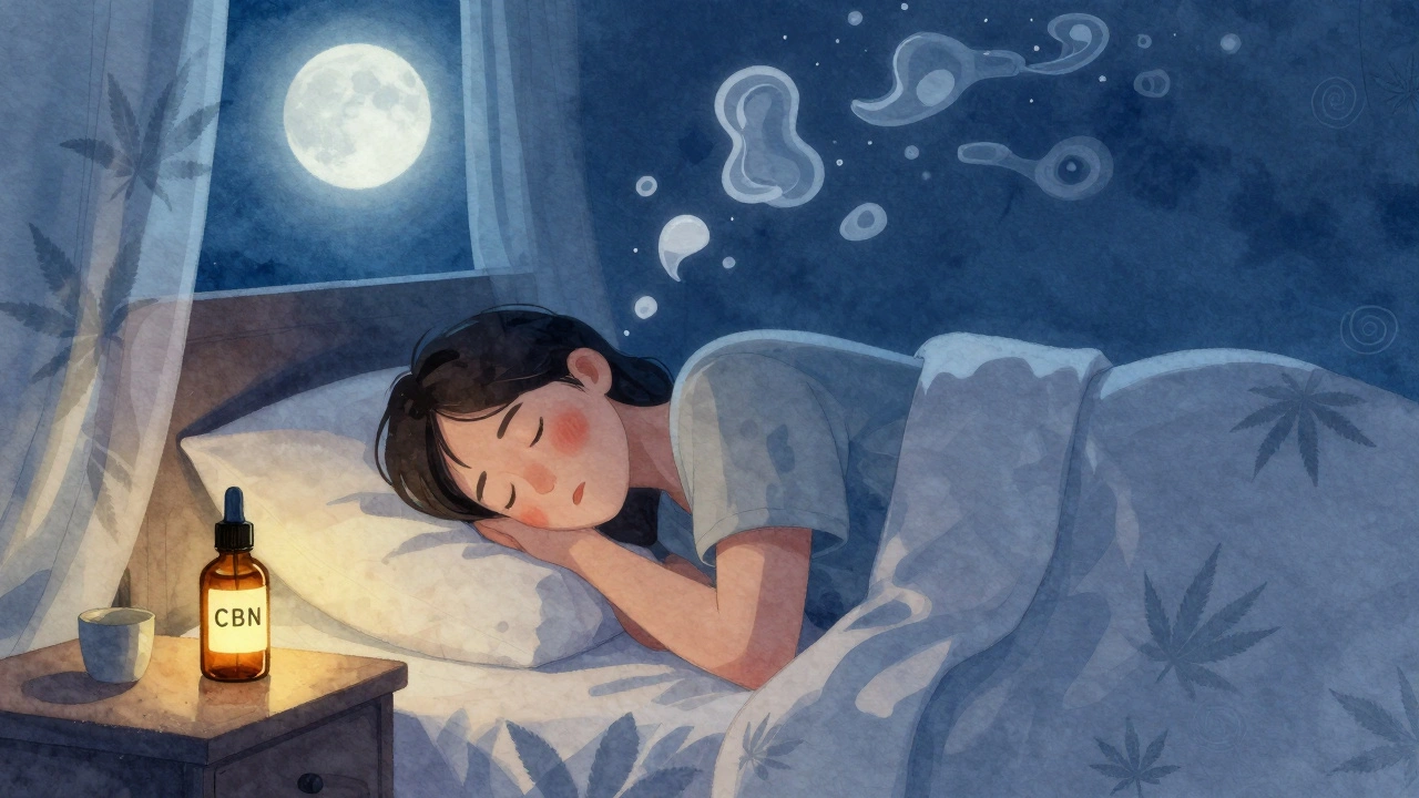 Nächtliche Szene mit einer CBN-Ölflasche auf dem Nachttisch und einer schlafenden Person im Mondlicht.