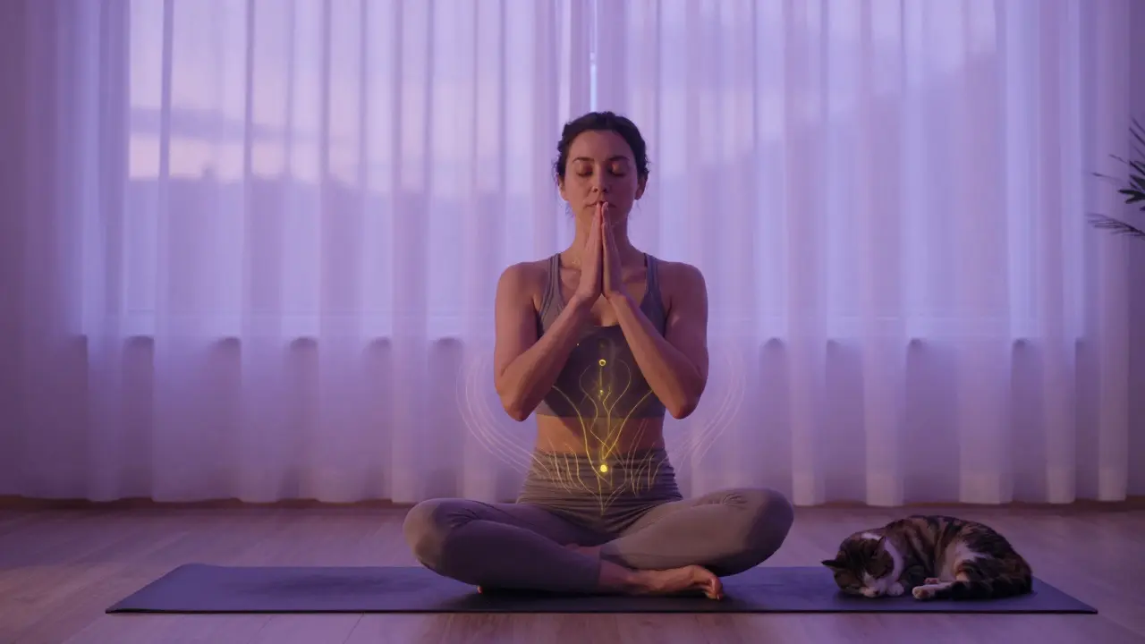 Person macht Yoga im Dämmerlicht, Katze schläft daneben, sanftes Licht und Atembewegung.