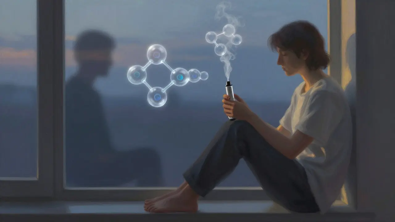 Person mit Vaporizer, CBD-Moleküle schweben um sie, THC-Molekül verschwindet