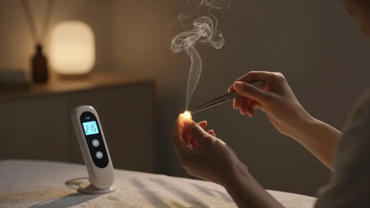 Person verwendet Pinzette, um CBD-Kristall auf heißen Nail zu legen, Dampf und Thermometer sichtbar.