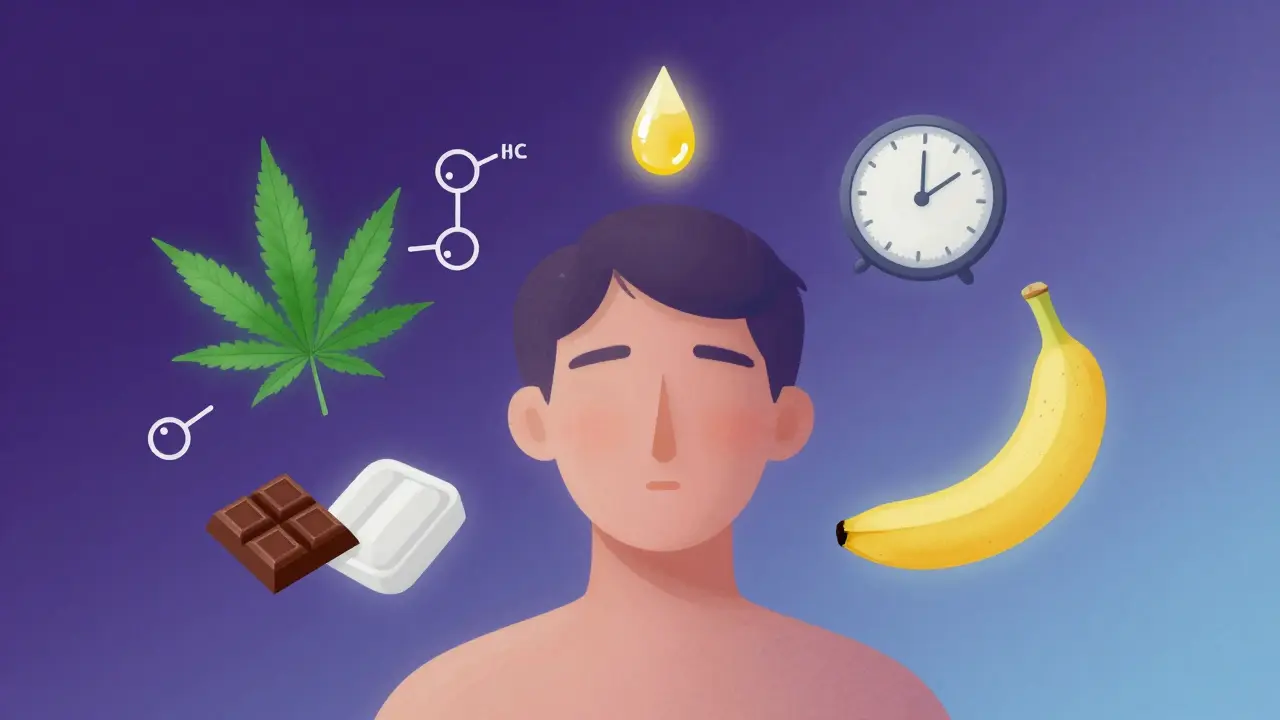 Symbolische Darstellung von THC-Umwandlung, CBD und beruhigenden Elementen in einer surrealen Szene.