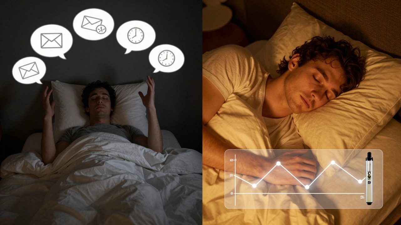 Vergleich: Unruhiger Schlaf links, ruhiger Schlaf rechts mit CBD-Vape als Wendepunkt.