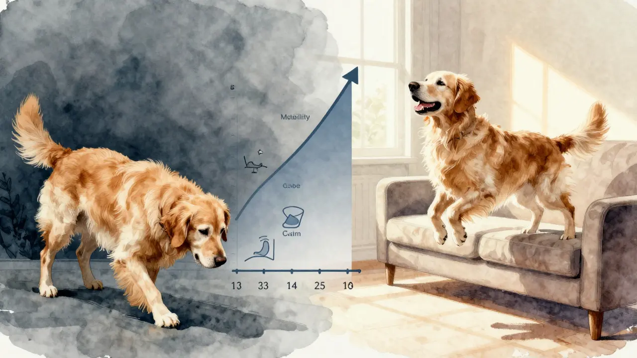 Vergleichsbild: Ein alter Golden Retriever kämpft mit steifen Gliedern (links) und springt später fröhlich auf die Couch (rechts).