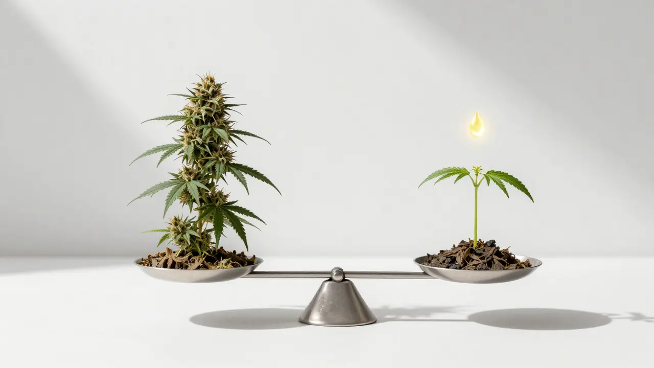 Waage mit CBD-Pflanze und CBG-Spross, symbolisiert die Wahl zwischen beiden.
