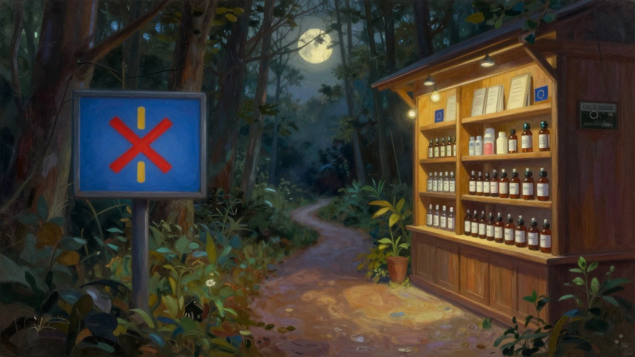 Wegweiser: Walmart mit X vs. Apotheke mit CBD und Laborzertifikaten.