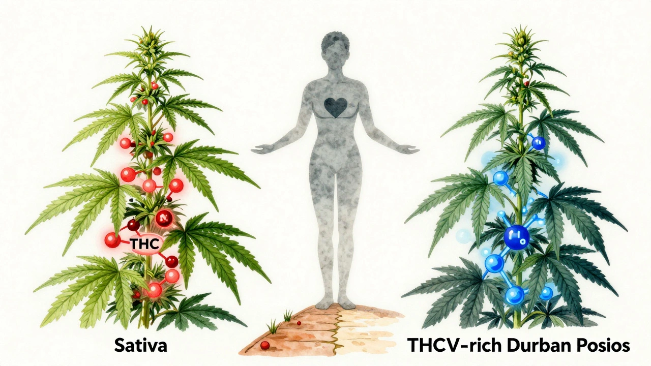 Zwei Cannabis-Pflanzen, eine mit THC, eine mit THCV, beide führen zu einem menschlichen Silhouettenbild.