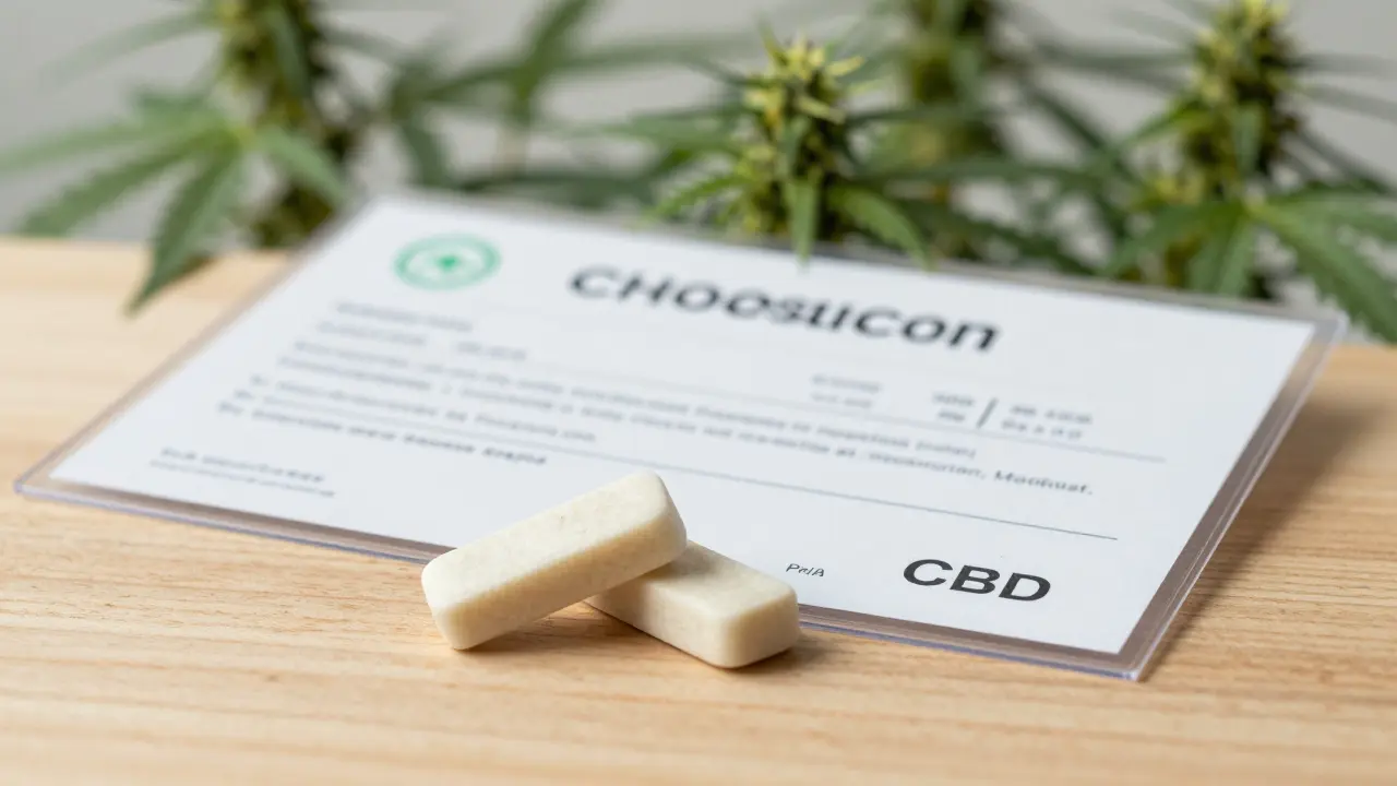 Zwei CBD-Kaugummis neben einem Labortestzertifikat auf Holzoberfläche.