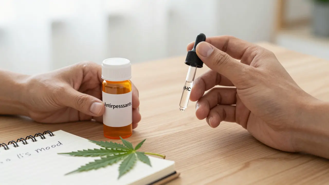 Zwei Hände halten jeweils eine Flasche – Medikamente und HHC – als Symbol für bewusste Entscheidung.