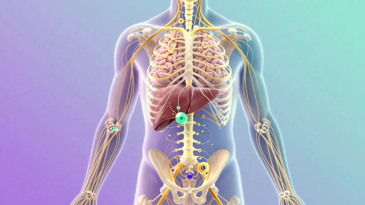Abstrakte Darstellung des Endocannabinoïd-Systems mit CBD-Molekülen, die sich harmonisch im Körper verteilen.