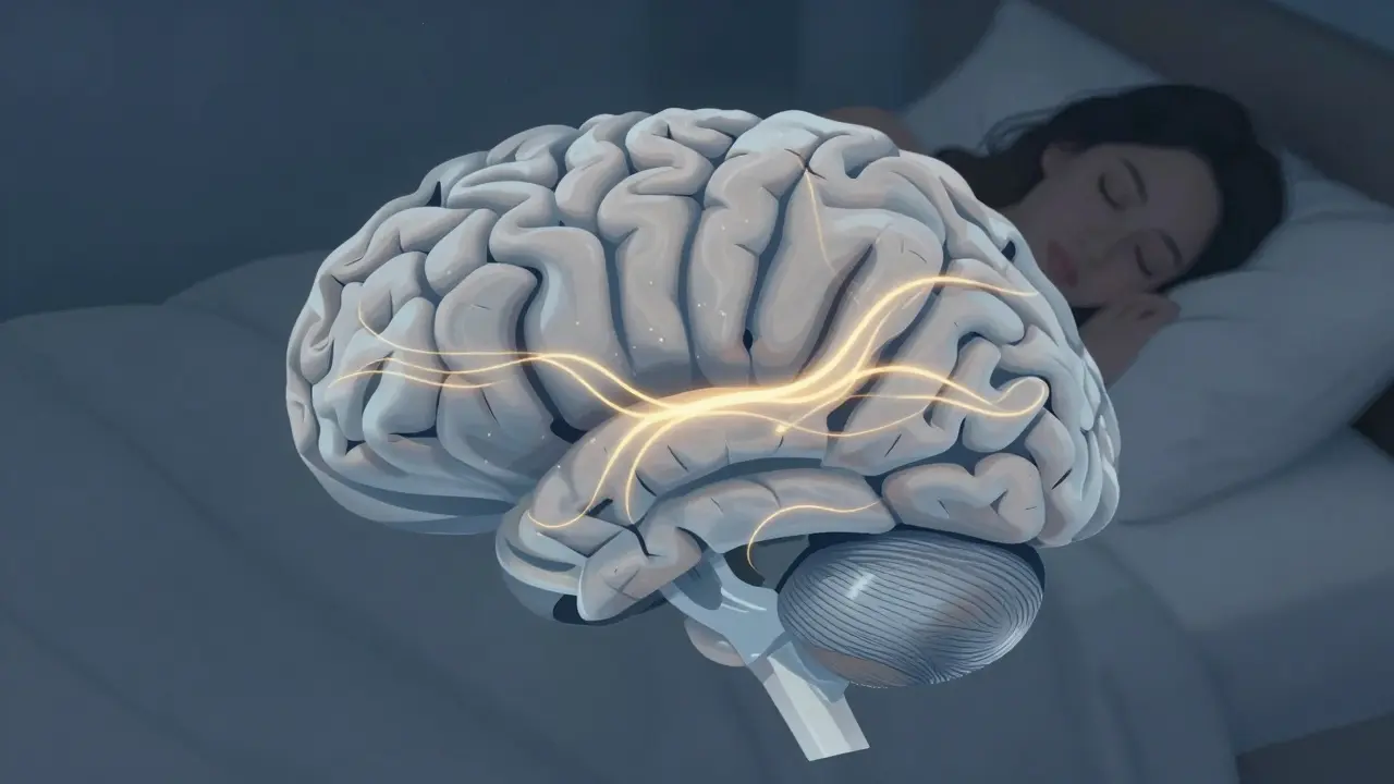 Abstrakte Darstellung eines Gehirns, das durch sanftes Licht in Balance gebracht wird.