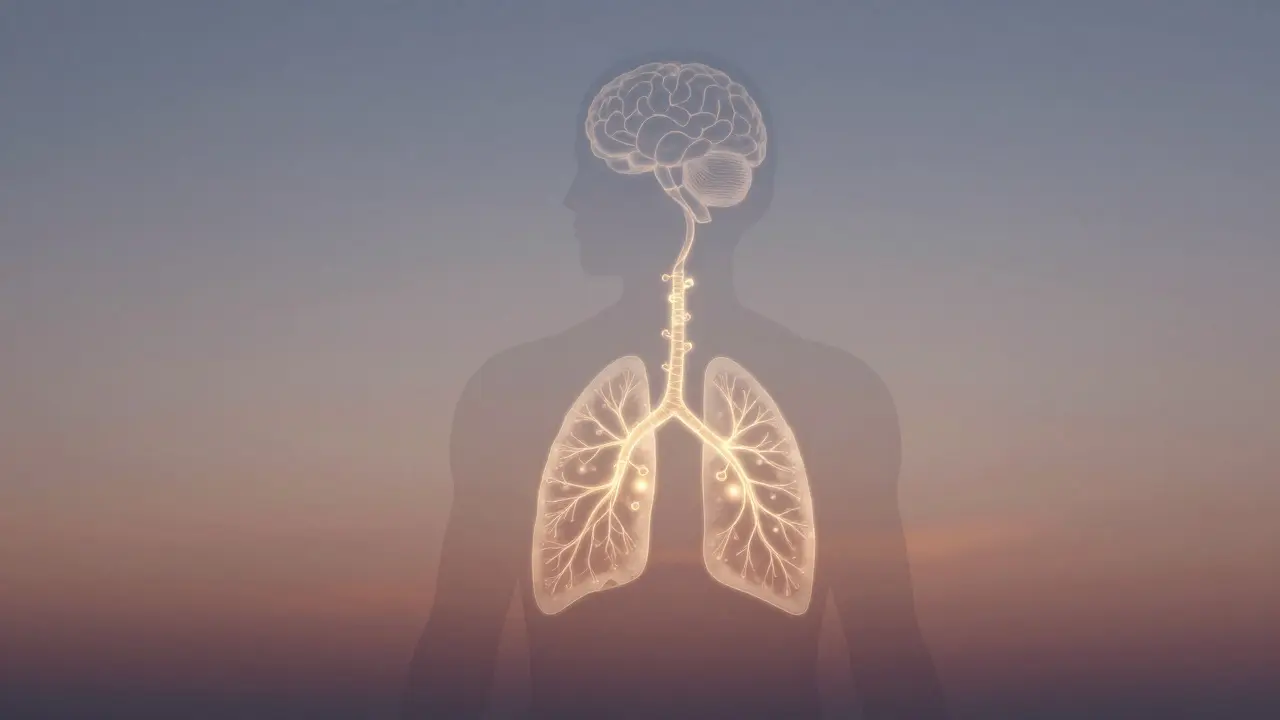 Abstrakte Darstellung von CBD-Molekülen, die von den Lungen in die Blutbahn und zum Gehirn fließen, golden und sanft leuchtend.