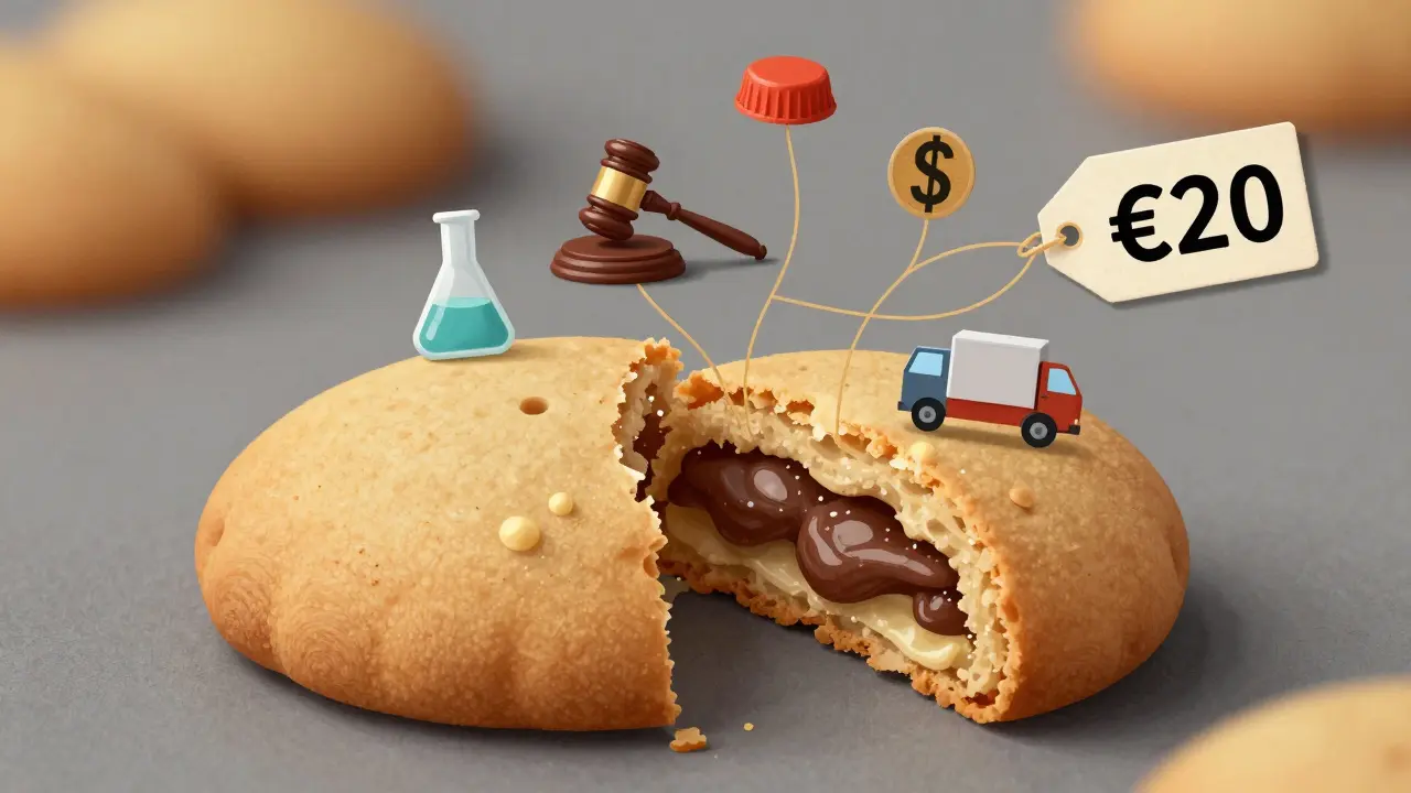 Aufgeschnittener Cannabis-Cookie mit verborgenen Kosten als Symbole.