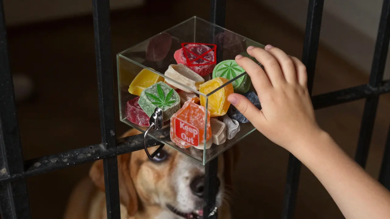 Cannabis-Edibles in einem verschlossenen Kasten, mit Kind und Hund, die davon weggehalten werden.