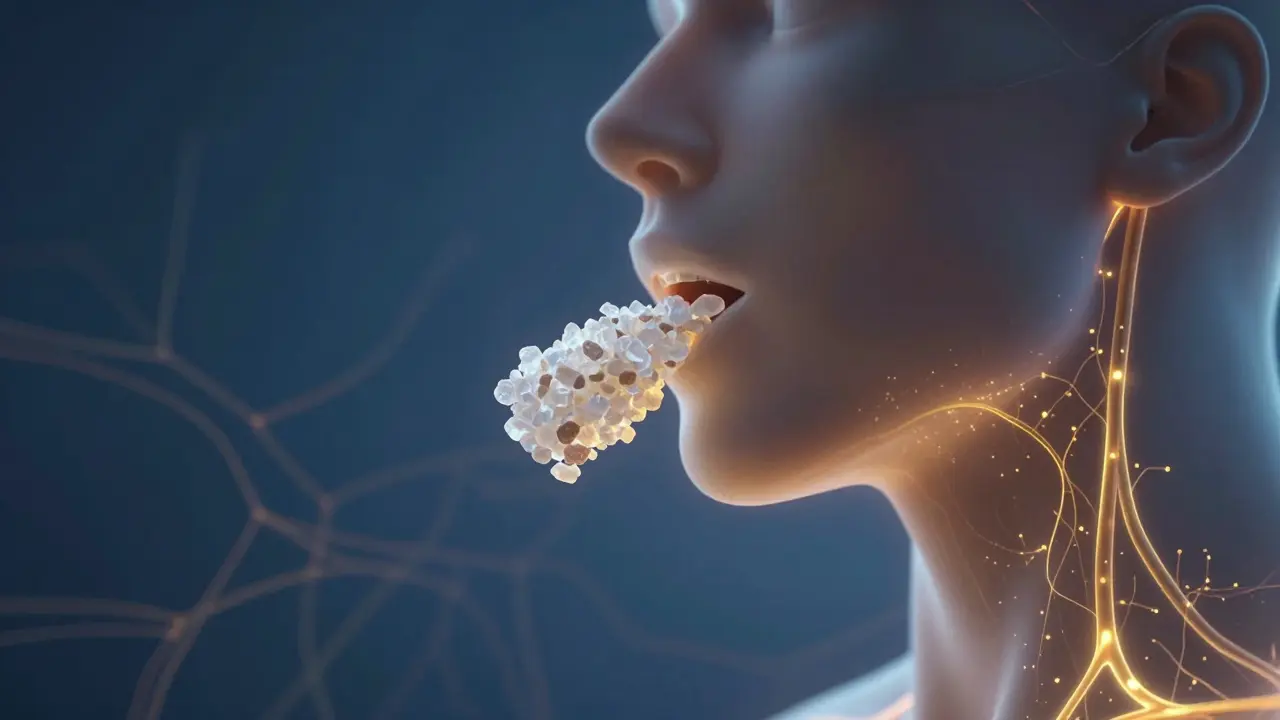 CBD-Kristalle lösen sich unter der Zunge, goldenes Licht fließt in Blutgefäße.