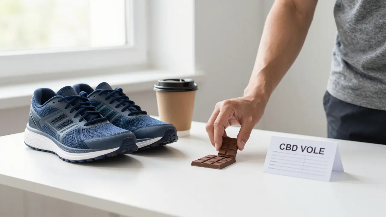 CBD-Schokolade neben Laufschuhen und Kaffee – bewusster Lebensstil mit Kinderwunsch.