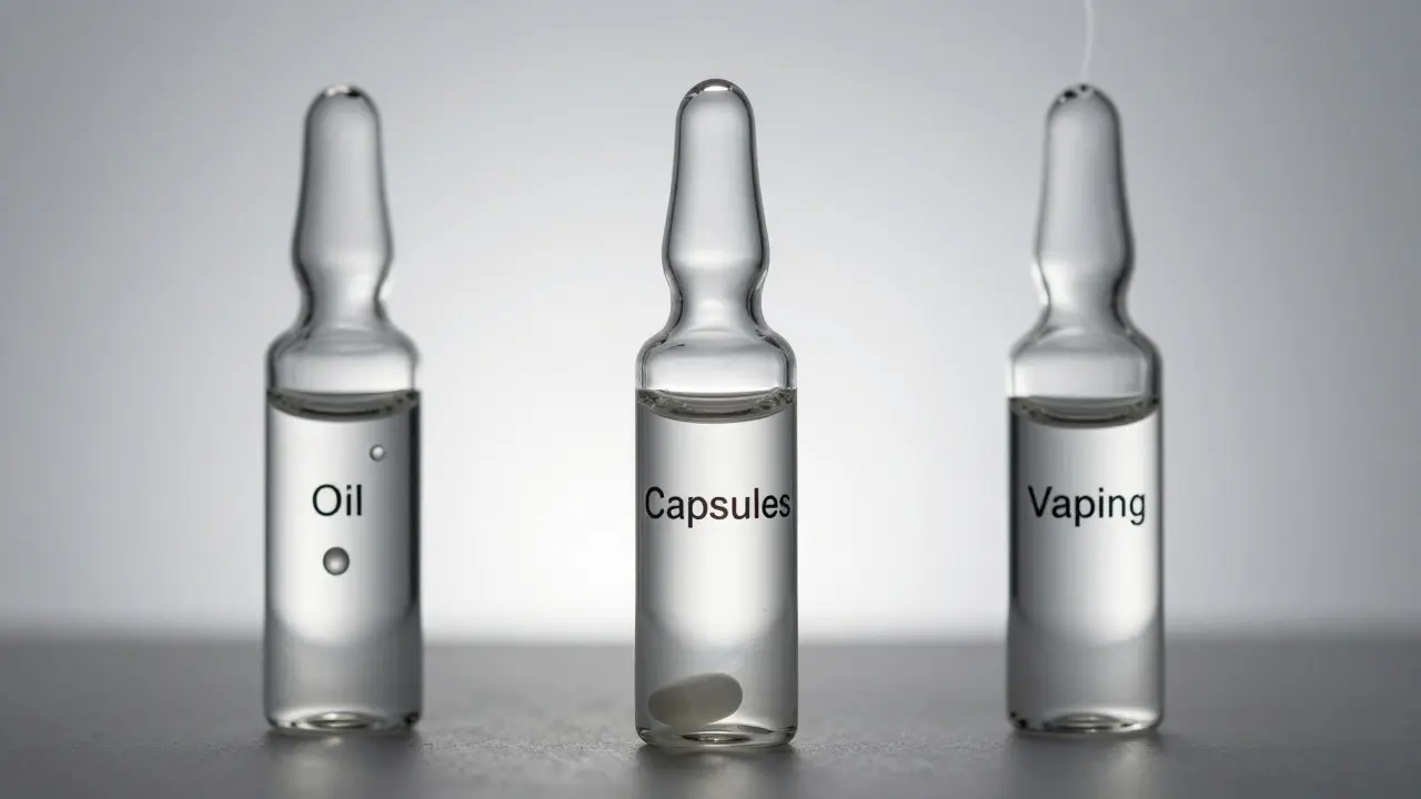 Drei CBD-Formen verglichen: Öl, Kapseln und Vaping — Öl als effektivste Option.