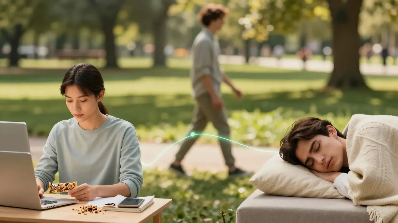 Drei Menschen in ruhigen Momenten, verbunden durch ein sanftes grünes Licht der Klarheit.