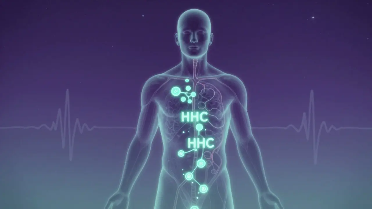 Durchscheinende Silhouette mit leuchtenden HHC-Molekülen, die sich im Körper ausbreiten, sanft in einen sternenklaren Nachthimmel übergehend.
