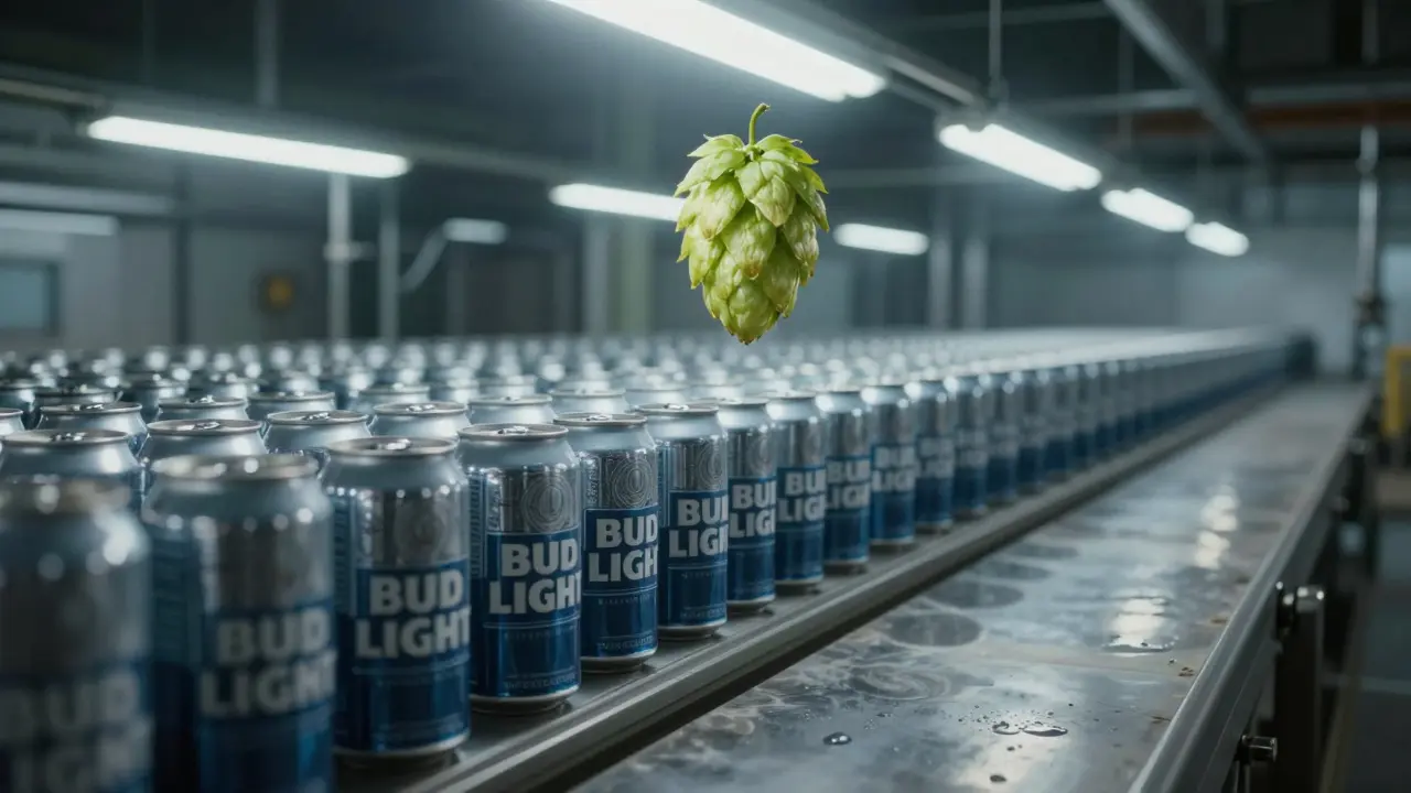 Ein Hopfenzapfen schwebt über einer Fabrikstraße mit Bud Light-Dosen.