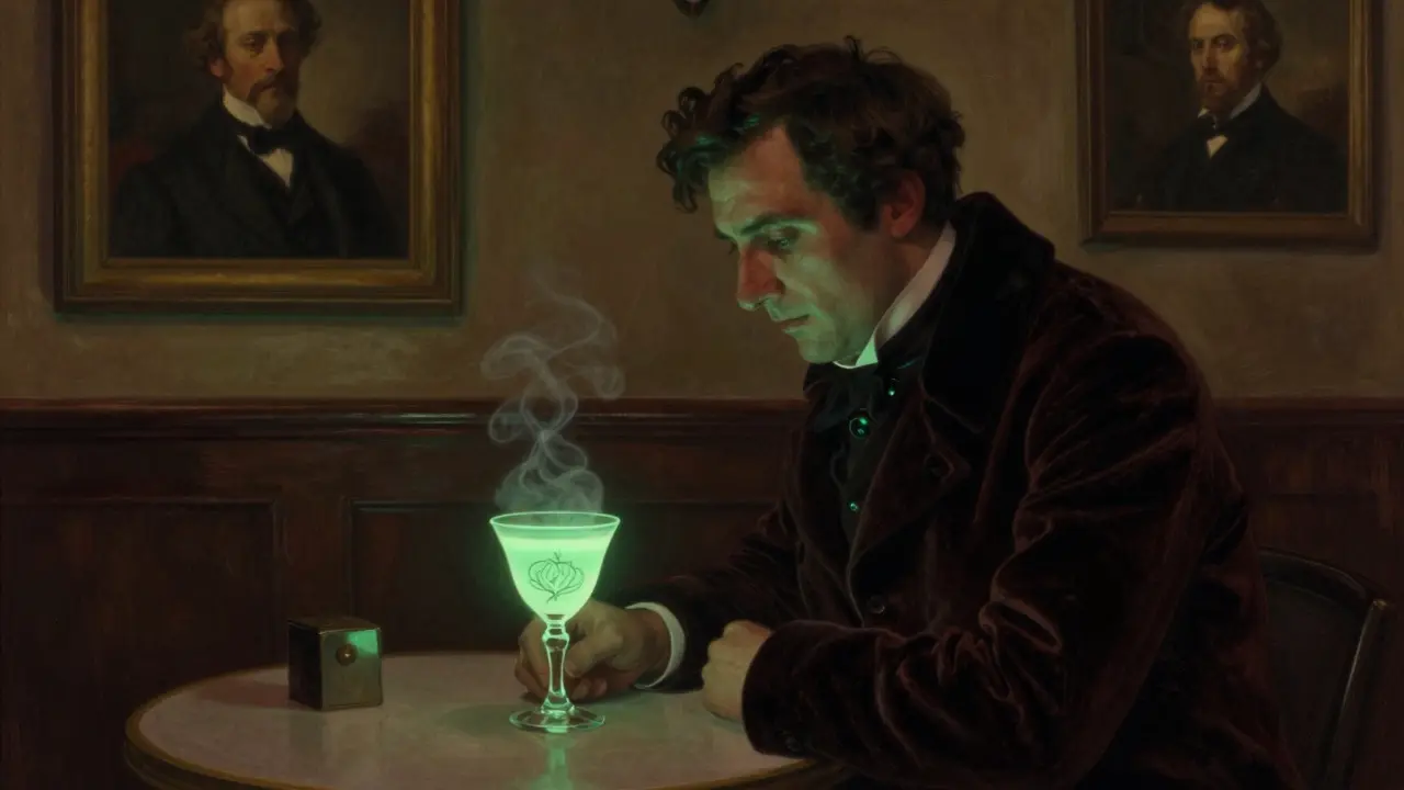 Ein Mann in einem dunklen Mantel trinkt Absinth in einem alten Pariser Café, das Getränk leuchtet milchig-grün im gedämpften Licht.