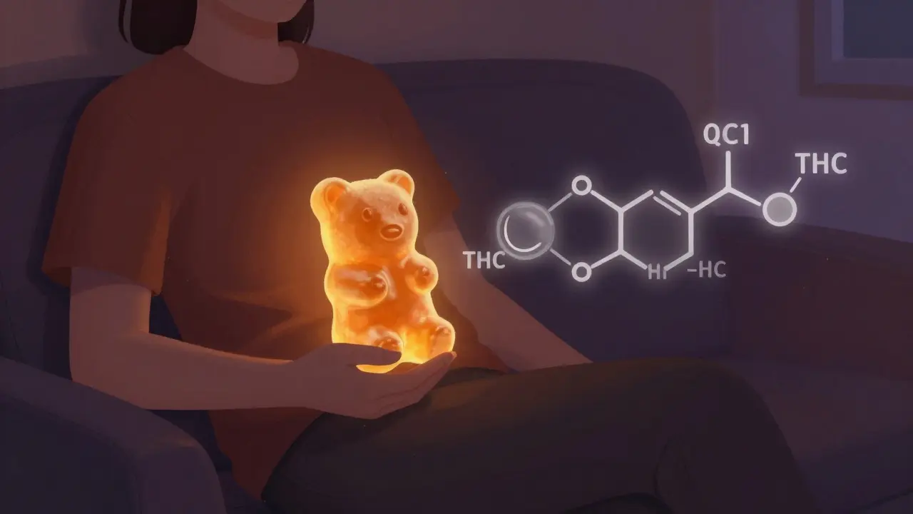 Ein Mensch sitzt ruhig, während THC-Moleküle im Körper in eine stärkere Form umgewandelt werden.