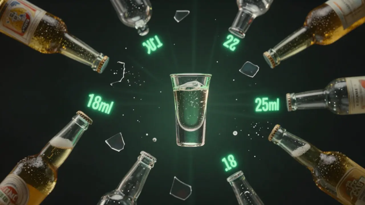 Ein Schuss Absinth schwebt in der Luft, umgeben von zersplitterten Bier- und Wodkafasen, symbolisch für seinen hohen Alkoholgehalt.