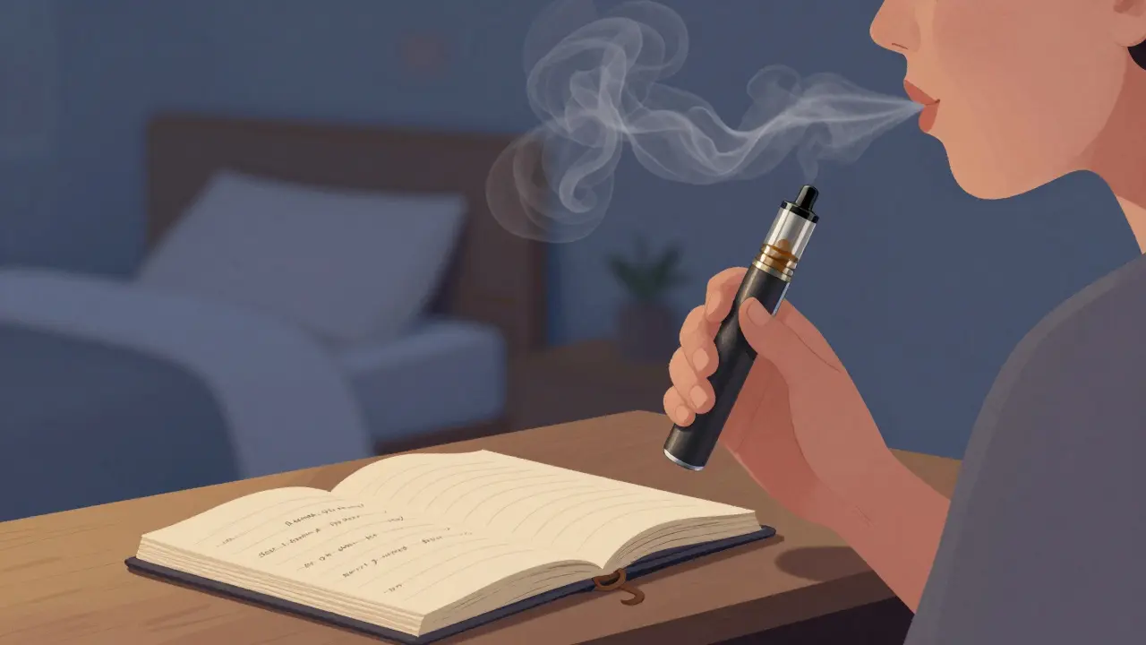 Eine Person inhaliert sanft Dampf aus einem Vaporizer-Penne in einem ruhigen Zimmerabend.