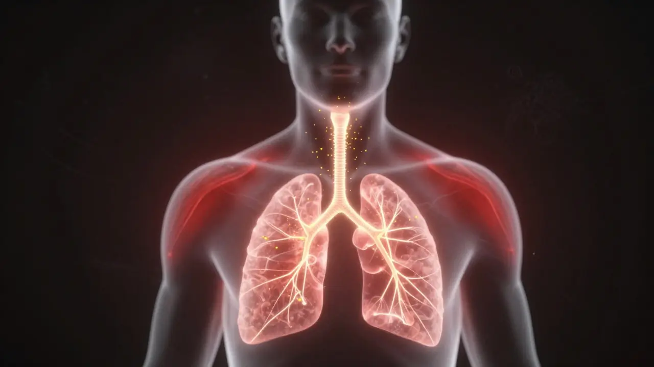 Eine Silhouette mit einem leuchtenden Endocannabinoid-System, das durch goldene CBD-Partikel beruhigt wird.