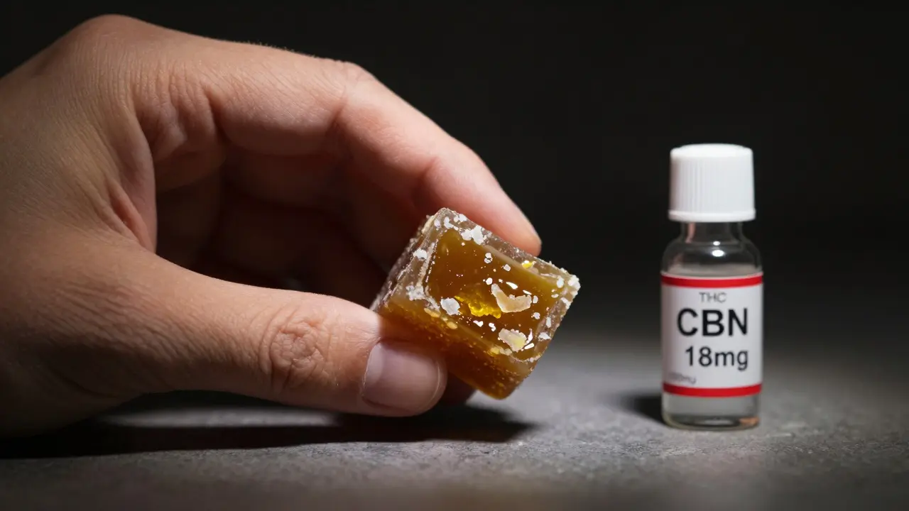 Gebrochene Cannabiskandys mit sichtbaren CBN-Kristallen neben Etiketten von THC und CBN.