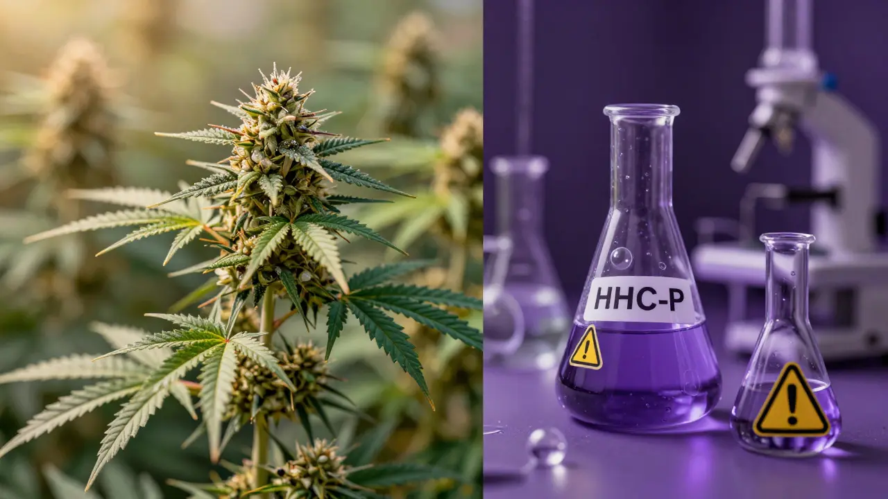 Gegensätzliche Darstellung: natürliche Hanfpflanze links, synthetischer Laborprozess rechts mit Warnsymbolen und Krankenträgern.