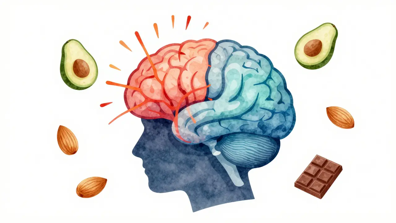 Gehirn mit chaotischen und calmen neuronalen Mustern, umgeben von Avocado, Nüssen und Schokolade.