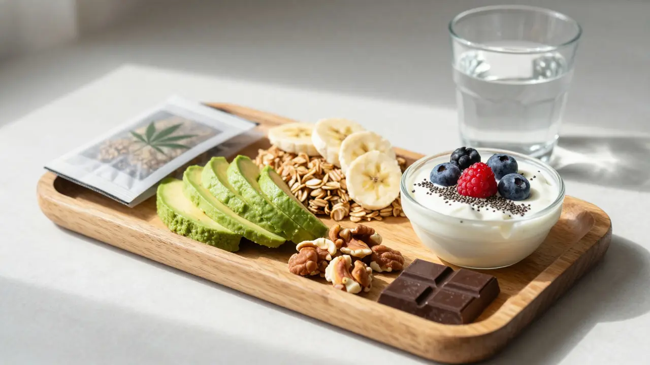 Gesunde Snacks auf Holztablett neben Cannabis-Packung und Wasser.