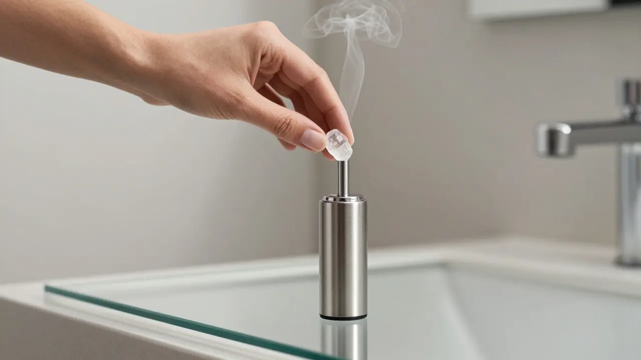 Hand legt CBD-Kristall auf ein elektrisches Dab-Rig in ruhiger Umgebung.