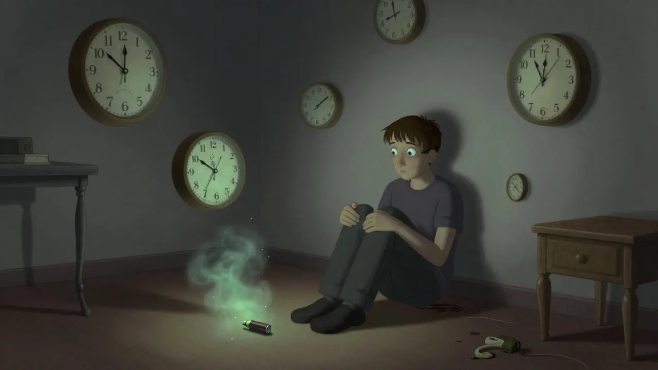 Junge Person in einem düsteren Zimmer, verwirrt, umgeben von schwebenden, verschwimmenden Uhren und schmelzenden Möbeln.