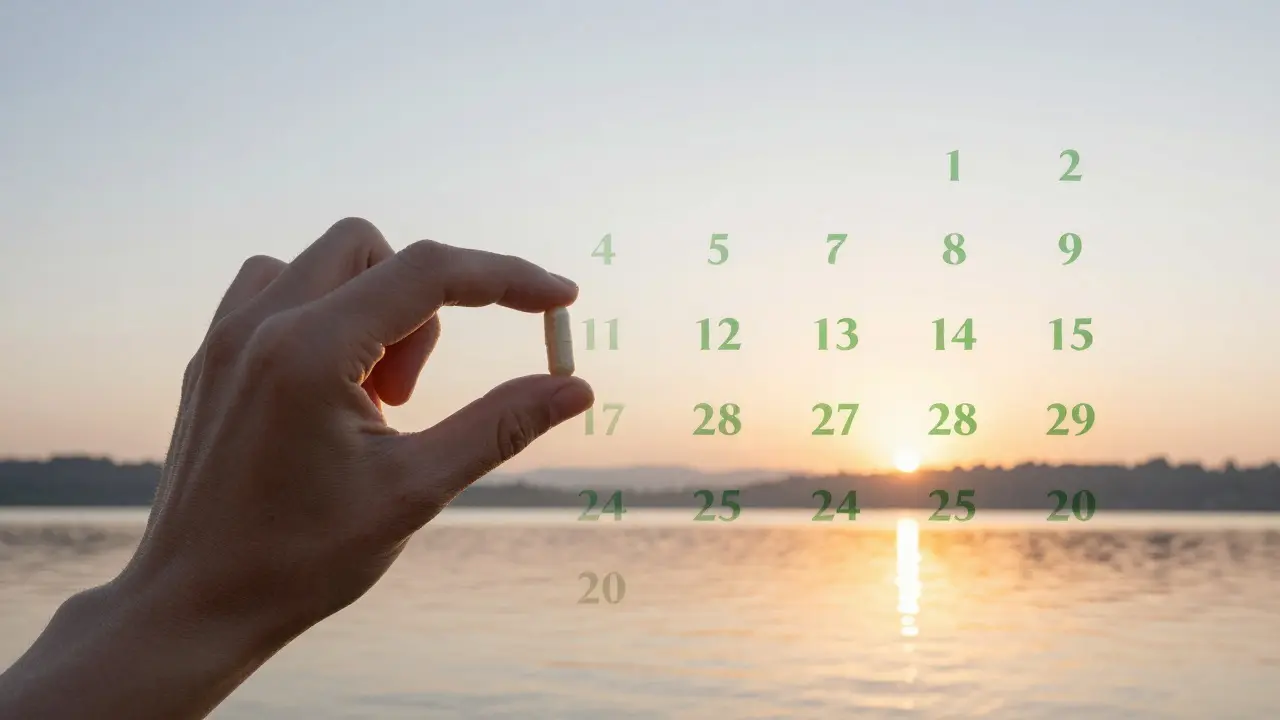 Kalender mit täglich markierten Tagen, die in eine ruhige Landschaft bei Sonnenaufgang übergehen.