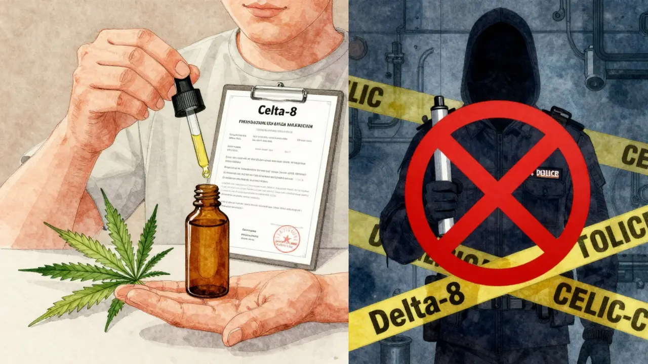 Kontrast: Eine Person nutzt legaler CBD-Öltropfer neben einem verschatteten Delta-8-Vape mit Verbotssymbol.