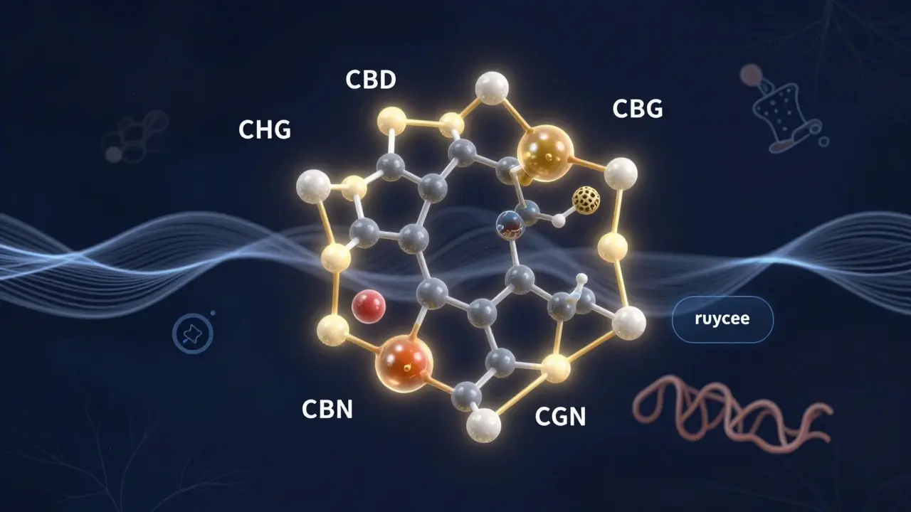 Molekulare Darstellung von CBD und Terpenen, die gemeinsam wirken – goldenes Gitter mit entspannenden Wellen und entzündungshemmenden Symbolen.
