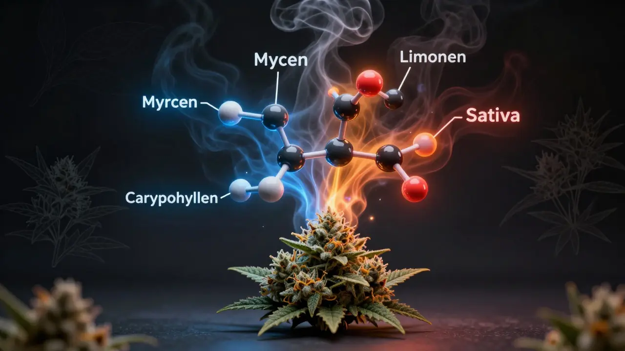 Molekulare Struktur von CBD mit leuchtenden Terpenen, während 'Indica' und 'Sativa' in Rauch aufgelöst werden.