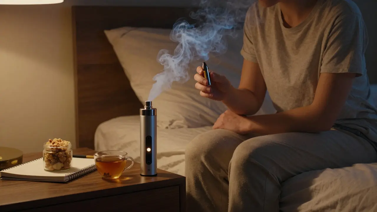 Person atmet sanft Dampf aus einem CBD-Vape-Gerät im Bett, ruhige Abendatmosphäre mit Tee und Notizbuch.