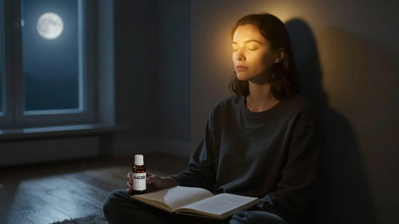 Person in ruhiger Abendatmosphäre mit H4CBD-Flasche und Tagebuch, sanftes Licht von außen.