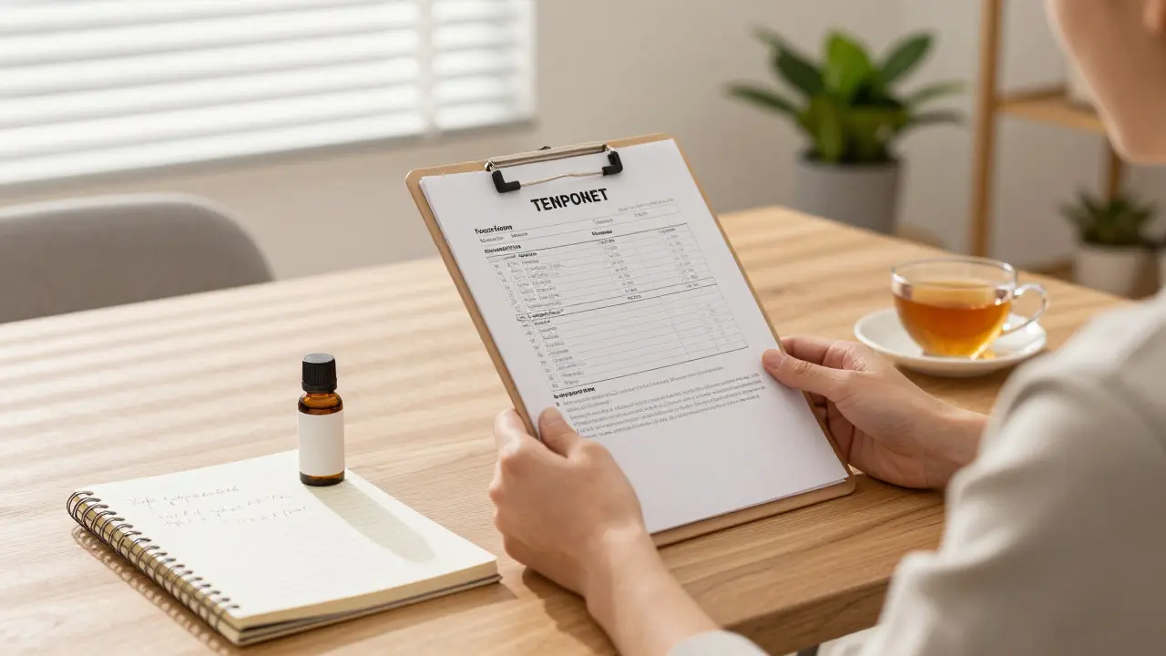 Person mit Laborbericht und CBD-Blüte, notiert persönliche Wirkungen in einem Notebook, kein Etikett sichtbar.