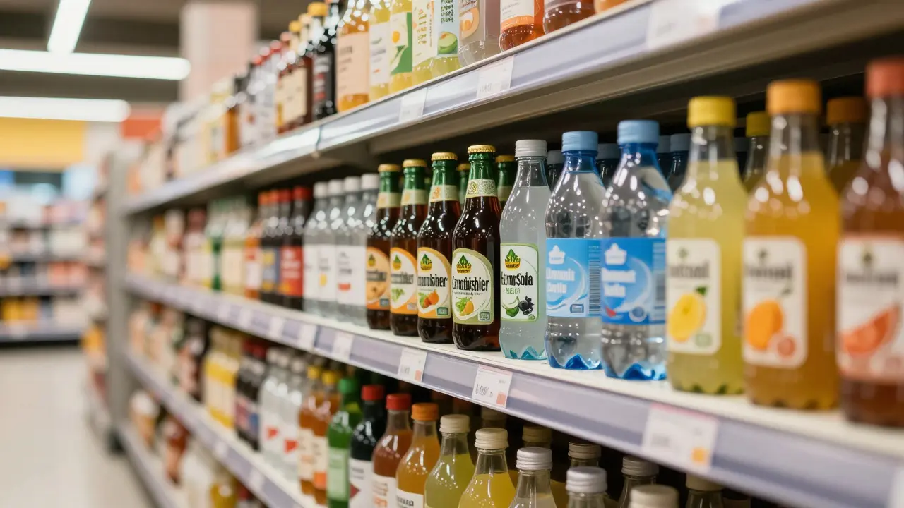 Regal mit CBD-Getränken in einem deutschen Supermarkt, neben Mineralwasser und Bio-Säften, ohne Alkohol oder Zuckergetränke.