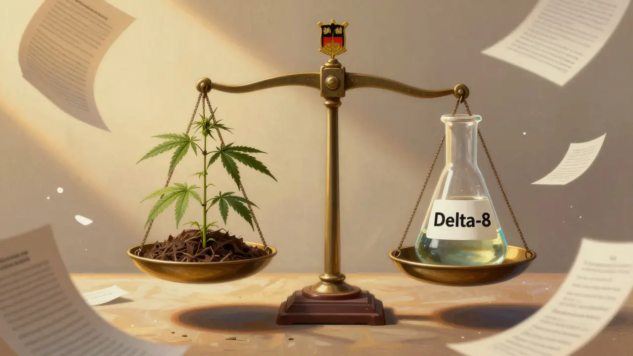 Waage mit natürlicher Hanfpflanze und synthetischem Delta-8-Fläschchen, umgeben von Gerichtsdokumenten.