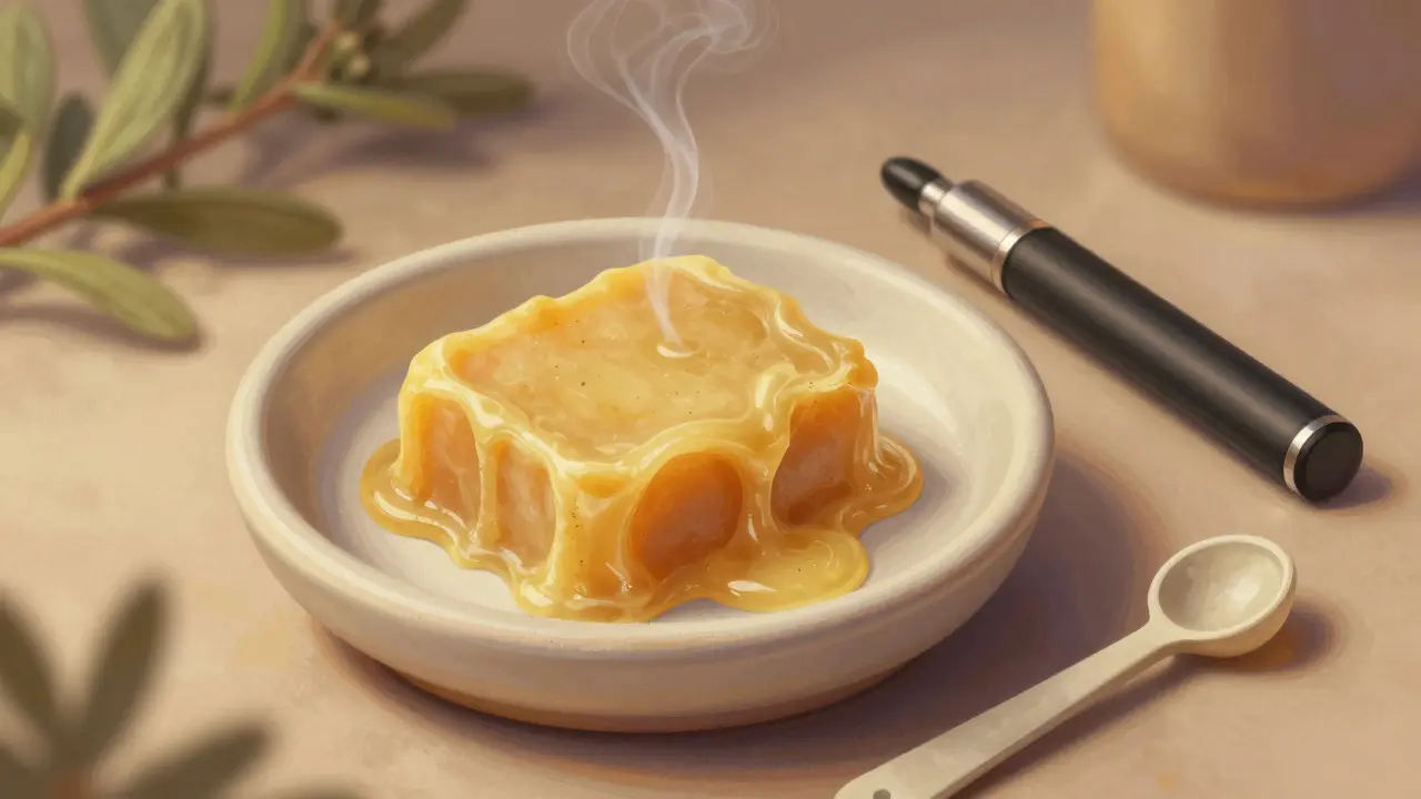 Weiche, wachsartige CBD-Substanz in keramischer Schale mit Dampfwolken.