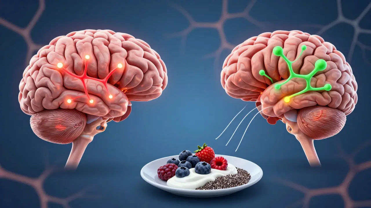 Wissenschaftliche Darstellung des Gehirns mit hunger- und geruchsauslösenden Neuronen.