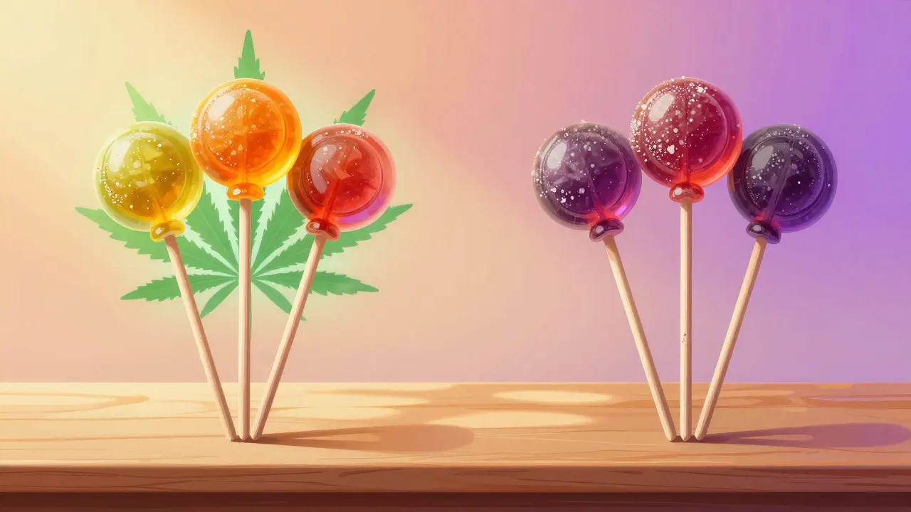 Zeitverlauf: frische Cannabiskandys verwandeln sich mit weißen Kristallen in abgebautes CBN.