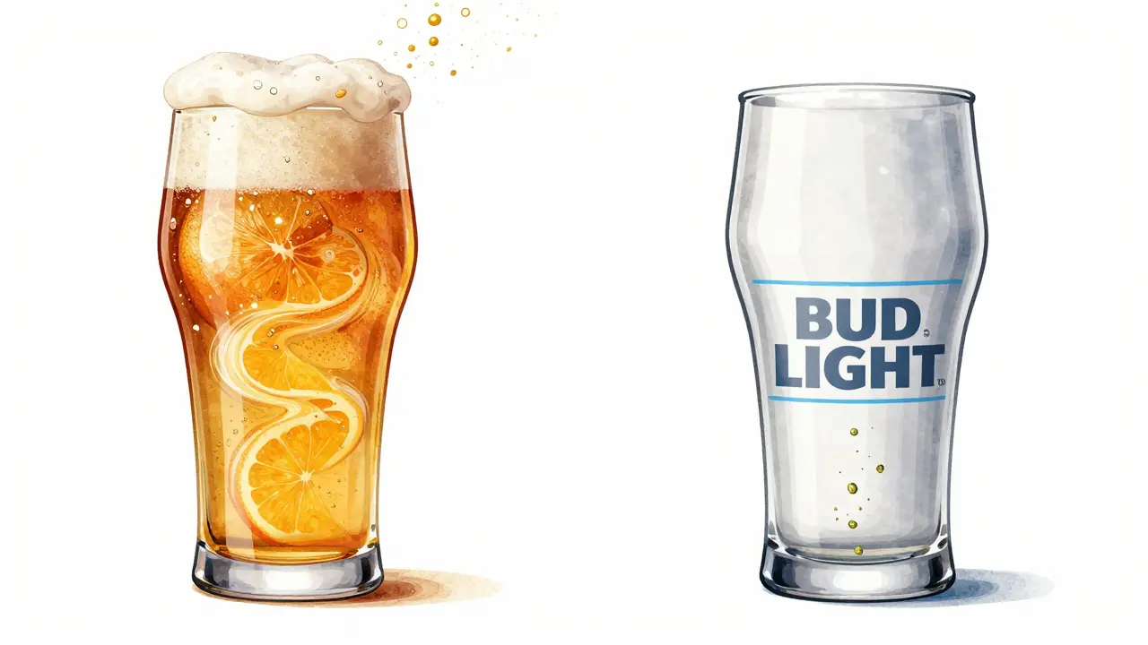 Zwei Biergläser im Vergleich: eines mit auffälligen Hopfenaromen, eines mit kaum sichtbaren Aromen.