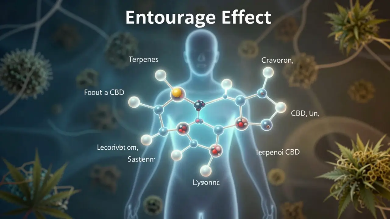 Abstrakte Darstellung der synergistischen Wirkung von CBD und anderen Pflanzenverbindungen im Körper.